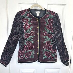 VTG 90s Megalia Floral Velvet Jacket Womens M – Boho Cottagecore Blazer Japan